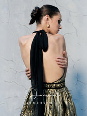LUCKY DRESS original gilded metallic European and American style light luxury halter neck back tie deep V pleated dress