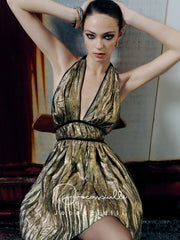 LUCKY DRESS original gilded metallic European and American style light luxury halter neck back tie deep V pleated dress