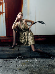 LUCKY DRESS original gilded metallic European and American style light luxury halter neck back tie deep V pleated dress